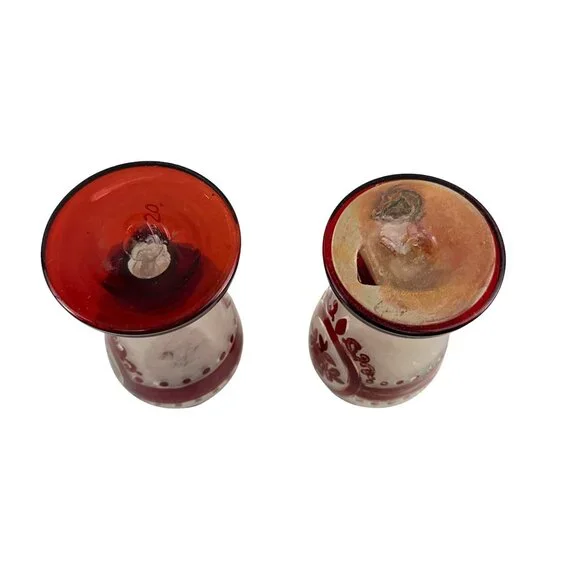 Antique Bohemian Ruby Glass Vases Pair Handblown Red Floral Design 7 Tall